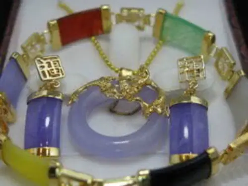 

Pretty multicolor natural green buddha jadeite pendant earring bracelet set jade crystal Jewelry