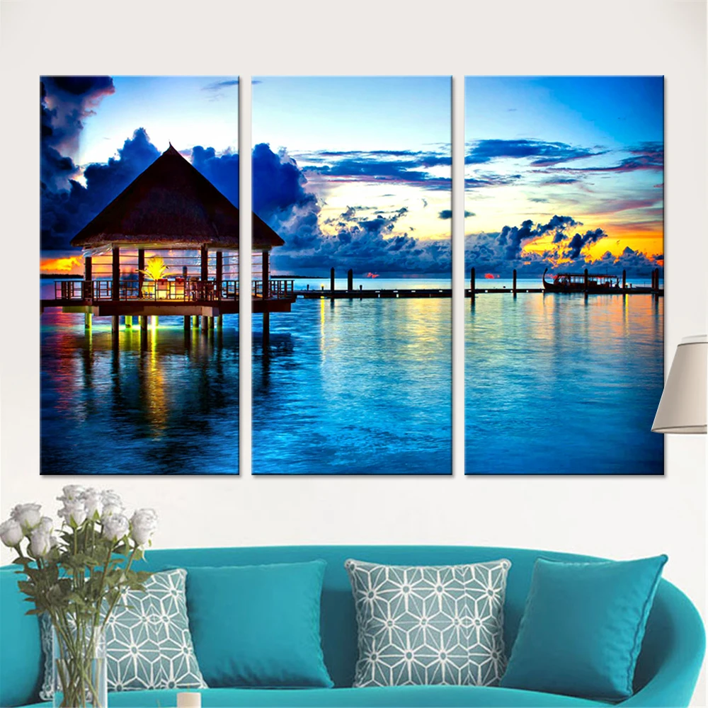Набор из холста с морским домом настенные картины для декора гостиной модульные