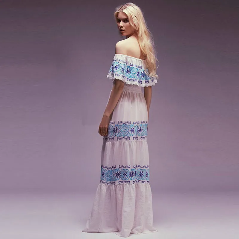BOHO PEOPLE Elegant Women Sexy Off Shoulder Floral Embroidery Dressy Long Dress Lace Patchwork Floor Length Behemia Vestidos | Женская