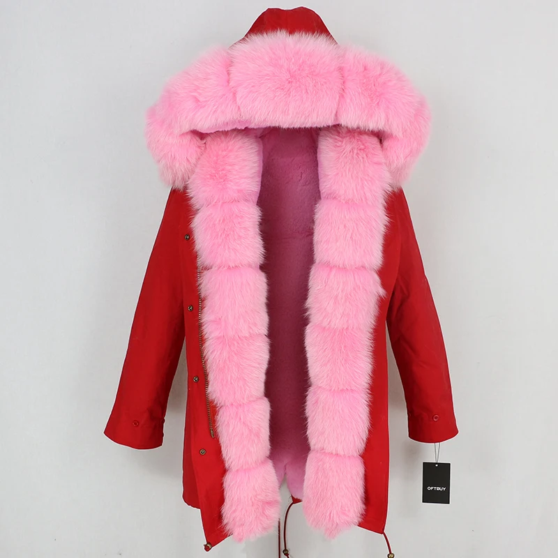 red pink OFTBUY, зимняя женская куртка, пальто из натурального меха, длинная парка, Воротник из натурального Лисьего меха, Толстая теплая брендовая Роскошная Съемная Повседневная Новинка - Цвет: red pink