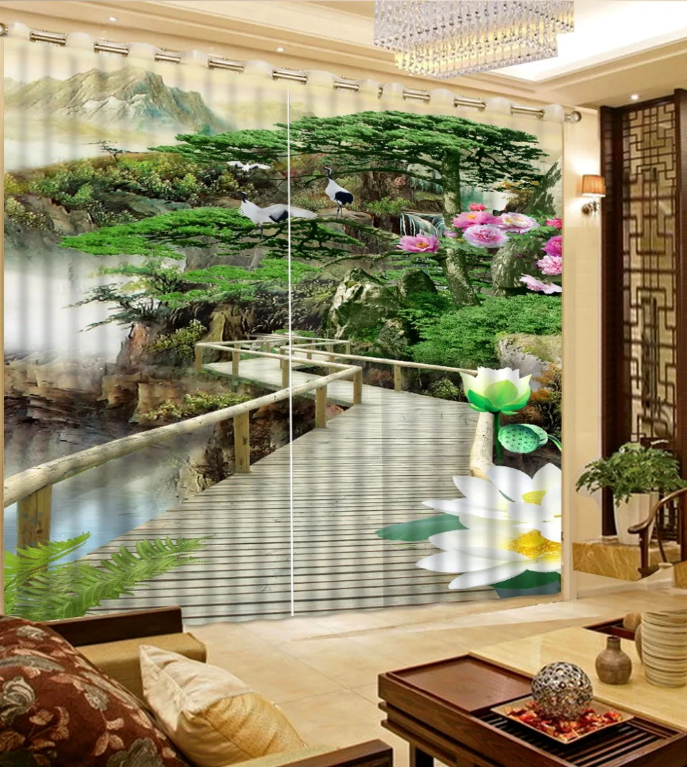 Modern 3D Photo Curtains Printing wood bridge Window Custom 2 Pieces High quantity Curtain | Дом и сад