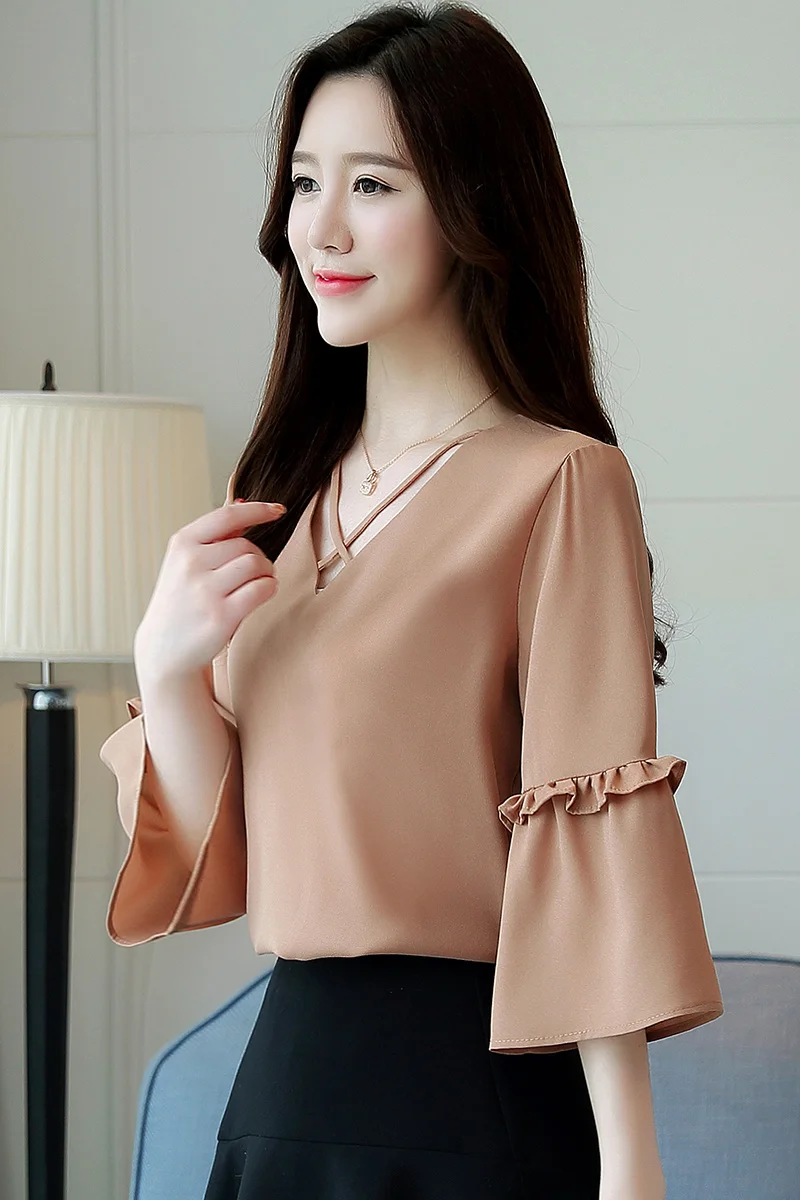 Новые летние модные шифоновые блузки с v-образным вырезом рубашки длинными