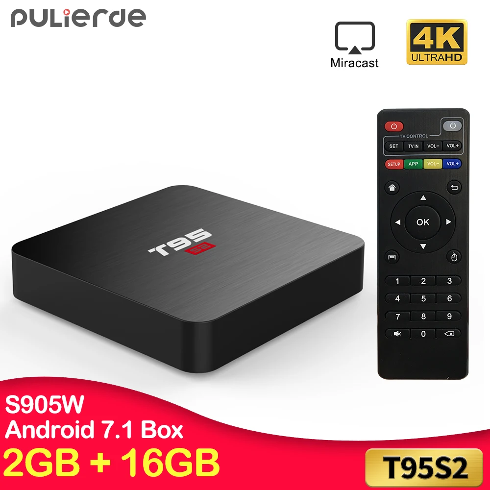 

PULIERDE T95S2 2GB 16GB Amlogic S905W Android 7.1 TV BOX Support 4K 2.4GHZ Media Player Wireless WIFI Smart Set Top Box