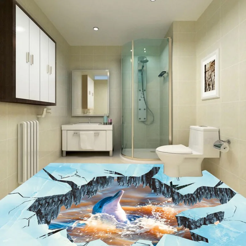 

Free Shipping 3D floor paste wallpaper ice fire dolphin kitchen home lobby restaurant floor mural