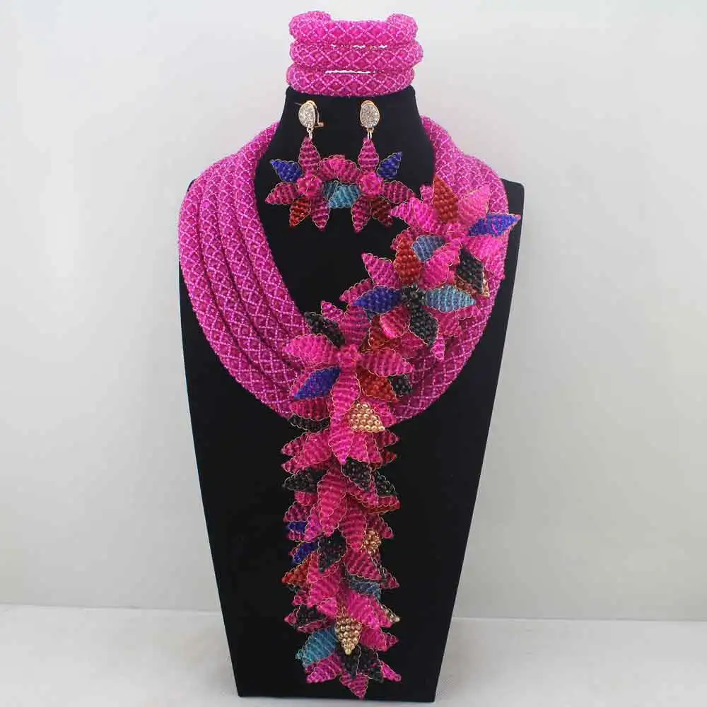 Роскошные Fuschia Розовый/смешанный бисер нигерийские Свадебные африканские ювелирные комплекты для невест женский цветочный Ювелирный Набор LK0021
