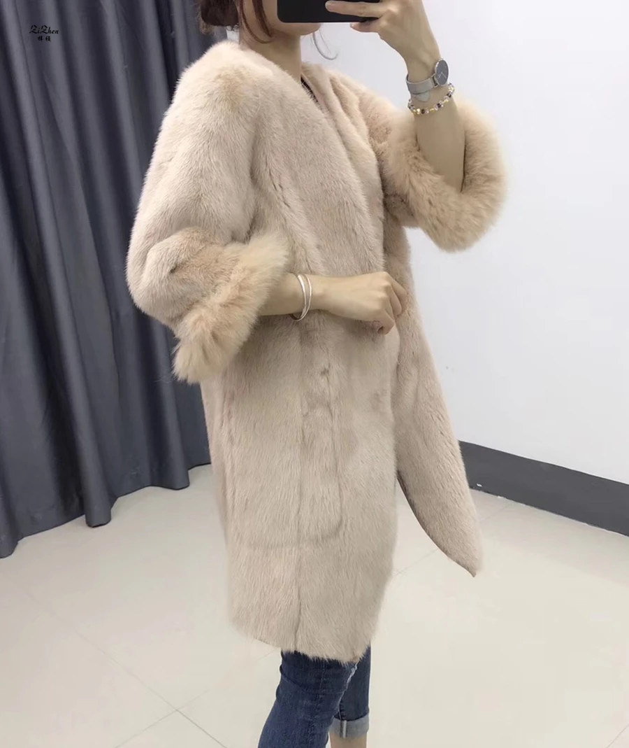 ZiZhen Real Mink Fur Genuine Leather Double-faced Solid Coats Reversible Winter Women's Pockets Cuff furcoat190617-1 | Женская