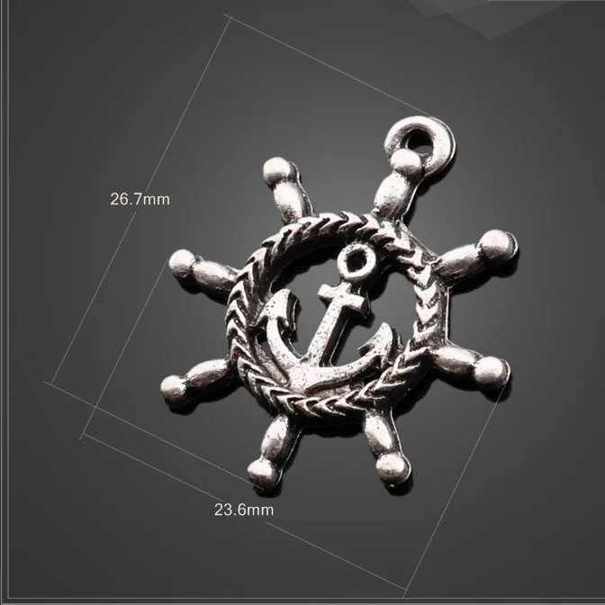 

High quality 50 PCS/Lot 23.6mm*26.7mm jewelry handmade antique silver plated rudder and anchor charms