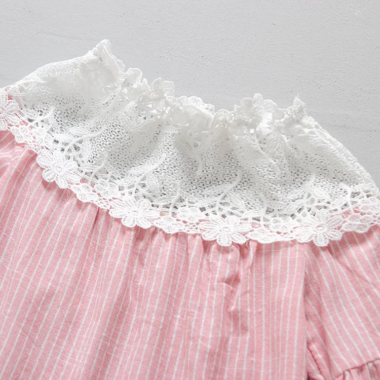 Summer Children's Short Sleeve Lace Collar Striped Print Girls Ruffles Pleated Tutu Dress vestidoss | Детская одежда и обувь