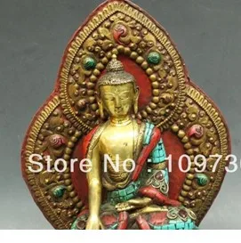 00671 13&quotTibet Buddhism Fane Bronze 24K Gold turquoise coral sakyamuni Buddha Statue | Дом и сад