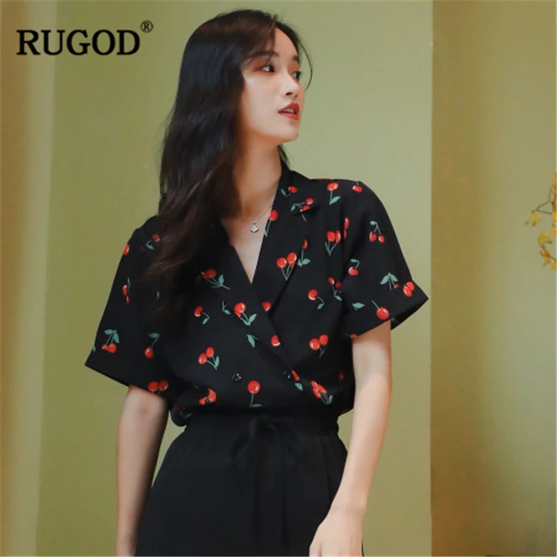 RUGOD 2020 Новая Летняя женская модная рубашка с принтом вишни свободная блузка