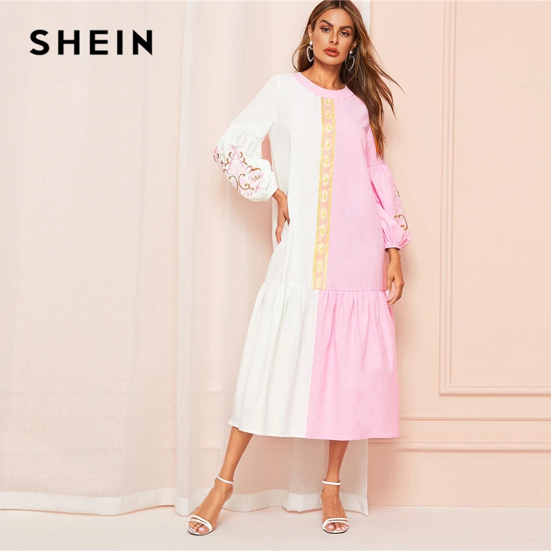 SHEIN двухцветное платье с вышивкой и рукавами-фонариками, с рюшами на подоле, весна-осень, платье с длинным рукавом, женские платья в стиле бохо