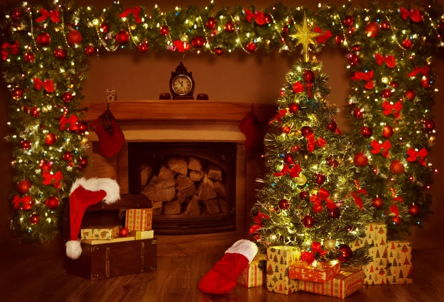 

Laeacco Christmas Tree Fireplace Light Backdrop Photography Party Baby Newborn Photo Background Photocall Photo Studio