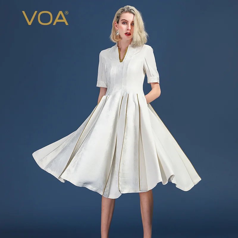 

VOA Heavy Silk White Office Pleated dress women party woman night summer dresses Plus Size 5XL V Neck Half Sleeve clothes A311