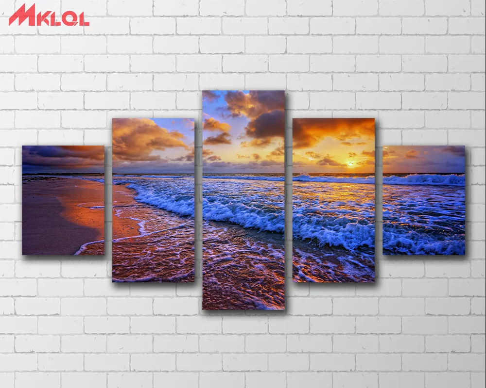 

2017 Wall Art Canvas Painting Oil Painting 5pcs Beach Cloud Ocean Sand Sunset Wave Print Room Decor Picture Canvas No Frame