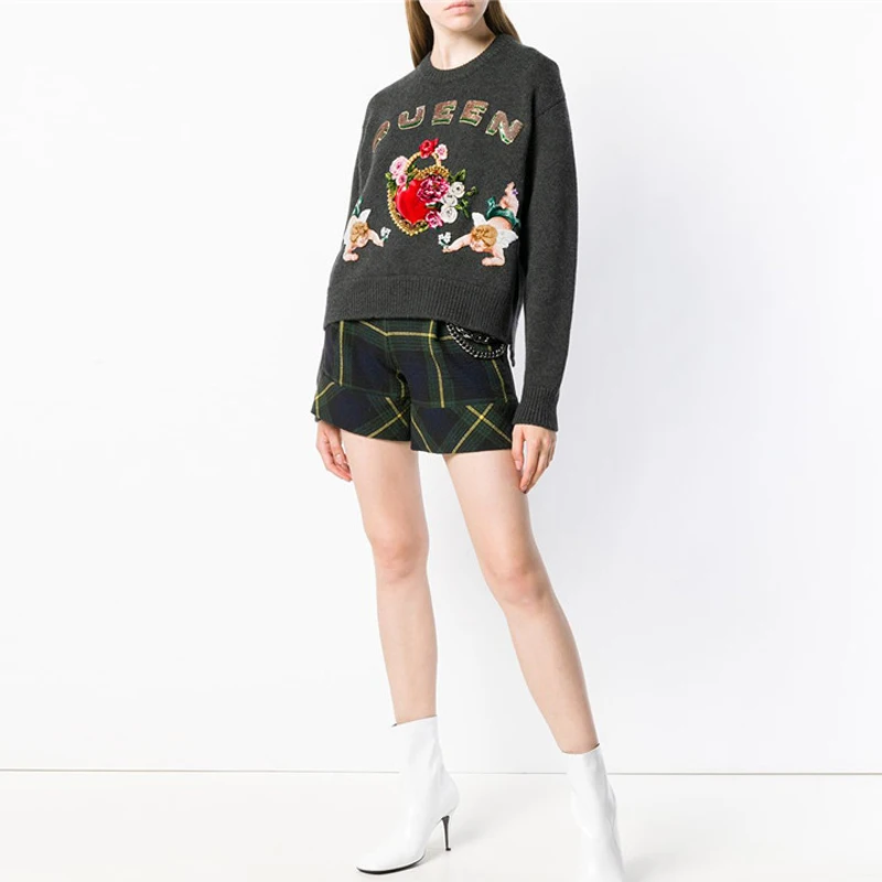 2019 Winter Runway Luxury Angel Embroidery Women Knit Sweater Pullovers Vintage Queen Letter Sequins Christmas Knits Jersey | Женская