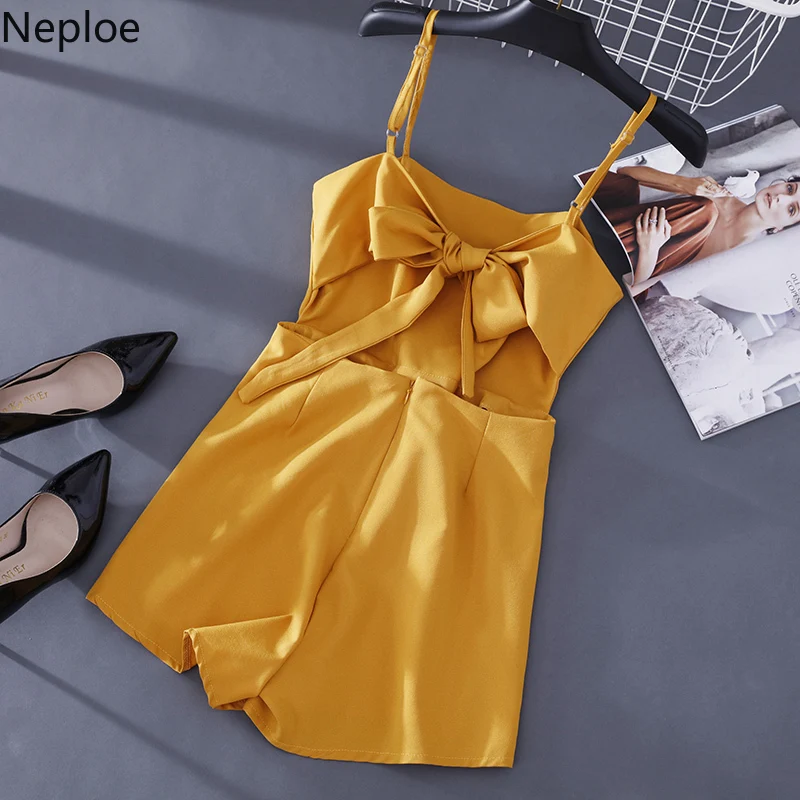 Neploe, летний женский комбинезон, Одноцветный, с вырезом лодочкой, тонкая талия, боди, сексуальный галстук-бабочка, шнуровка, открытая спина, комбинезоны 43550