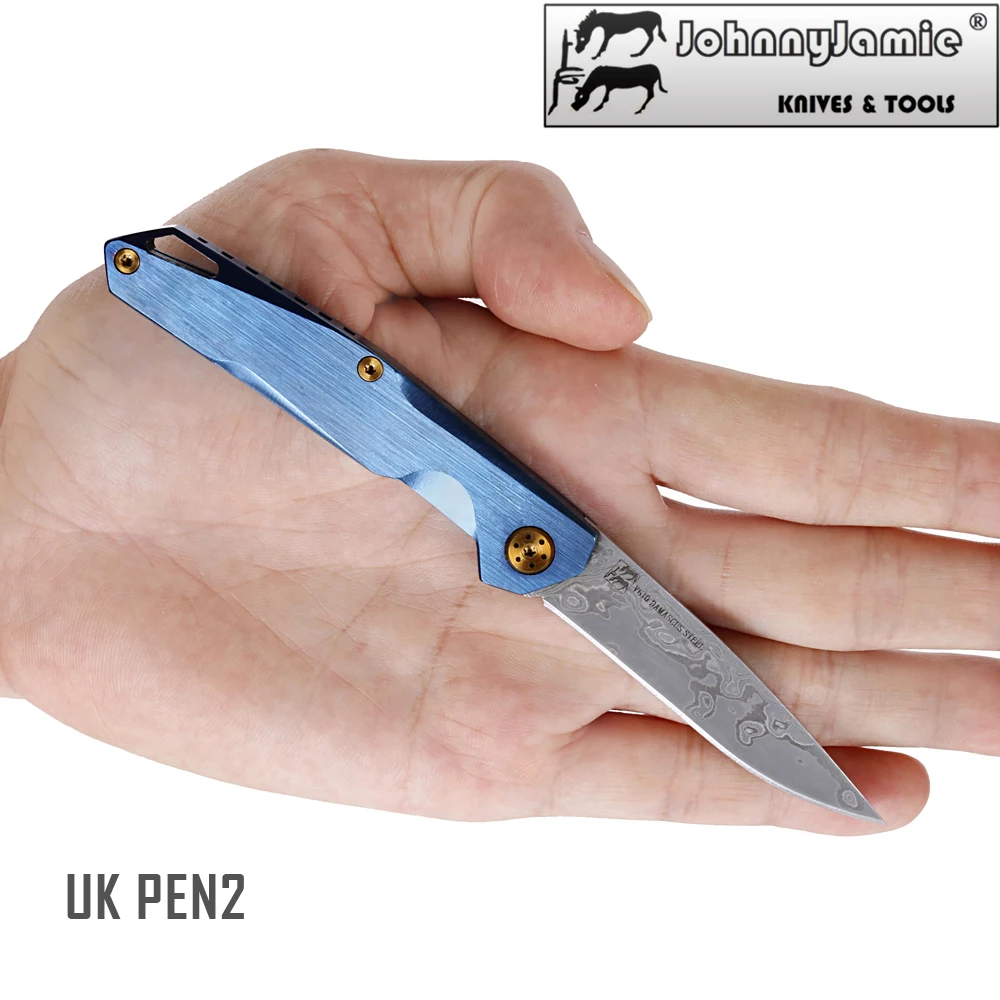 Фирма jonnyjamie UK ручка 2 карманный нож складной VG10 лезвие из дамасской стали синяя ручка из нержавеющей стали маленький Универсальный мини нож s