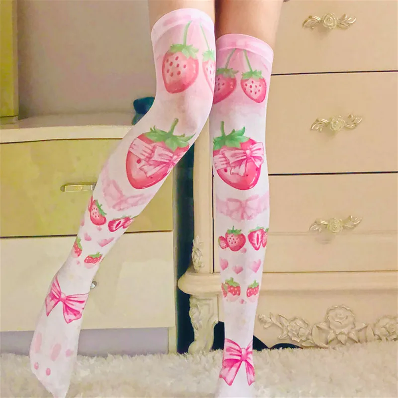 

Women Sexy Thigh High Stockings Autumn 3D Printing Red Strawberry Pink Sweet Kawaii Over Knee Stocking Cosplay Quadratic Element