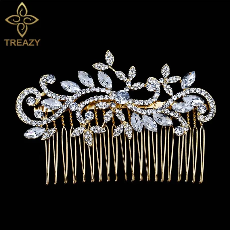 Design 1 Gold TREAZY/свадебные расчески для волос золотого цвета для женщин, украшенные жемчугом и кристаллами, свадебные аксессуары для волос, головной убор для дня рождения, диадема для невесты - Окраска металла: Design 1 Gold