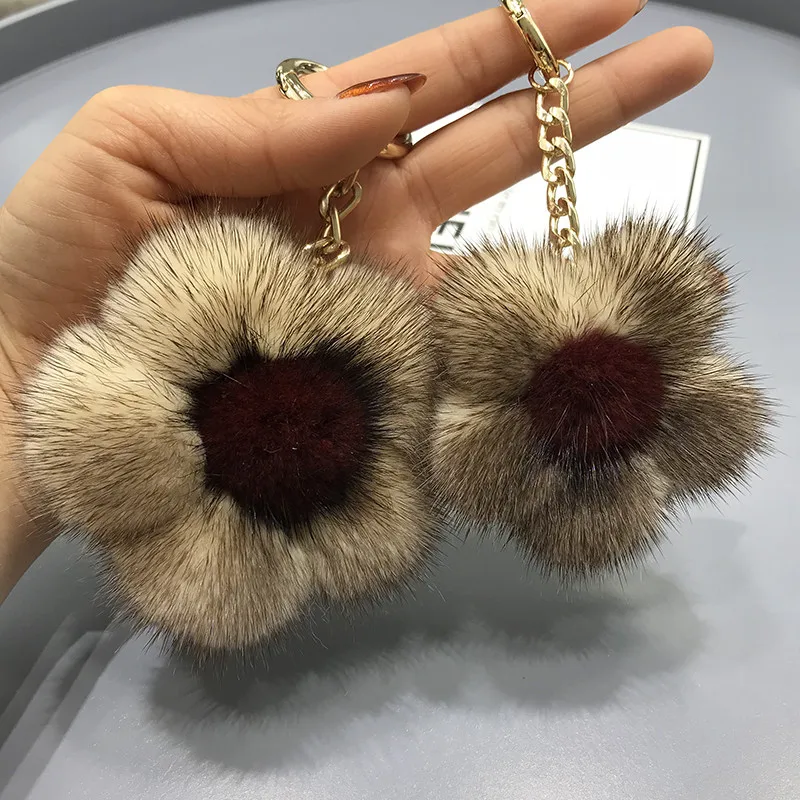 Пушистый брелок из натурального меха норки сумка цветок очаровательный милый