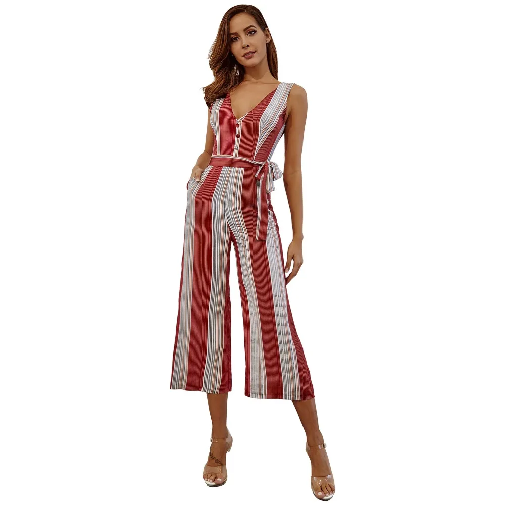 Women's Sexy Red Striped Sling Jumpsuits V neck Casual Playsuits Summer Lady Party Sleeveless Backless Beach Club Lacing Bow | Женская