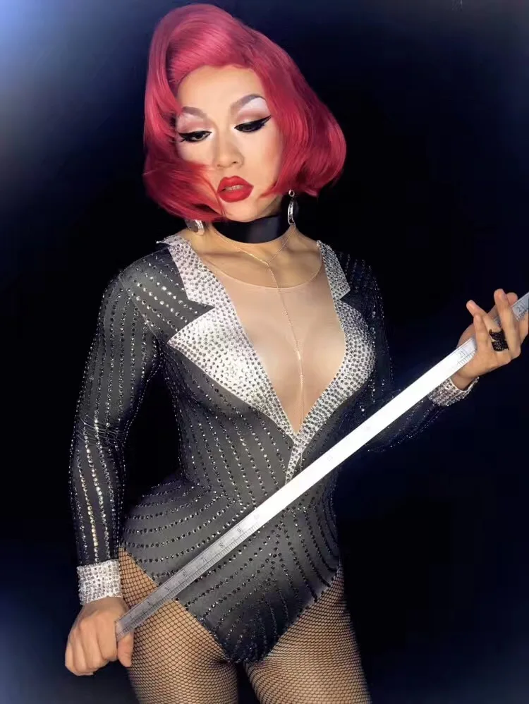 Fashion Glisten Teacher Uniform Costume  rhinestones Bodysuit Women Outfit Diamonds Leotard Birthday Celebrate Occasion Wear