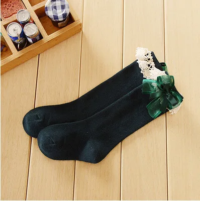 

2pairs spring and autumn lace bow girls princess socks solid color combed cotton children's knees in stocks