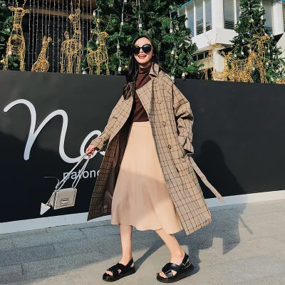 Women plaid long coat with belt casual windbreaker sleeve loose overcoat female outerwear autumn winter trench coats | Женская одежда