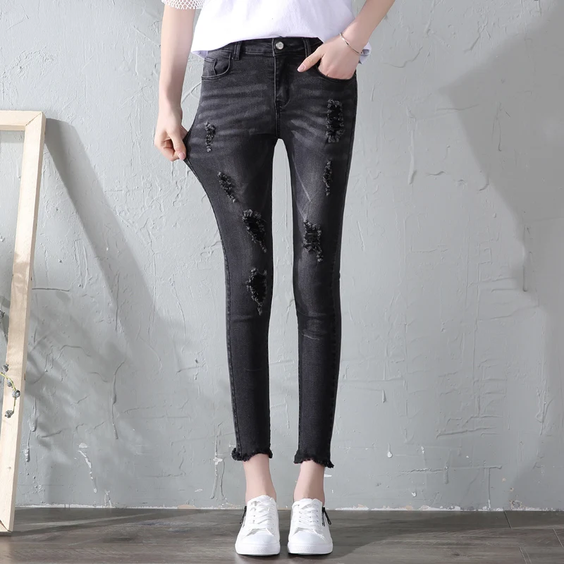 2019 новые ультра эластичные Синие рваные джинсы с бахромой женские джинсовые