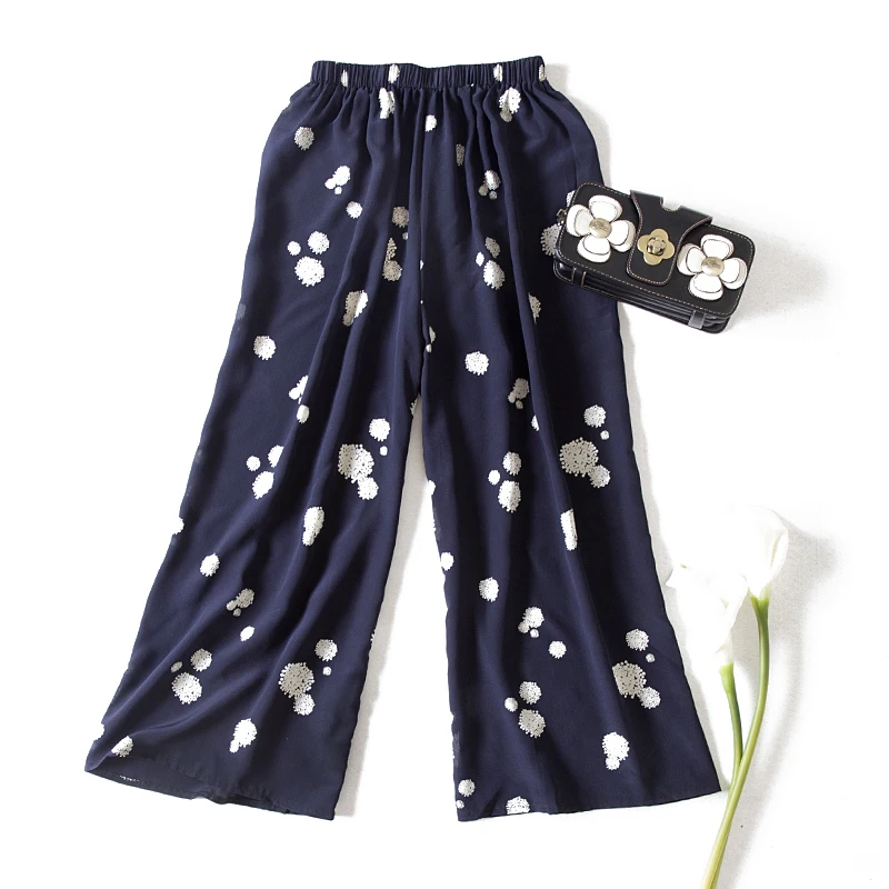 

Spring 2020 100% new mulberry silk silk crepe DE chine navy trousers of dandelion wide-legged pants loose and comfortable