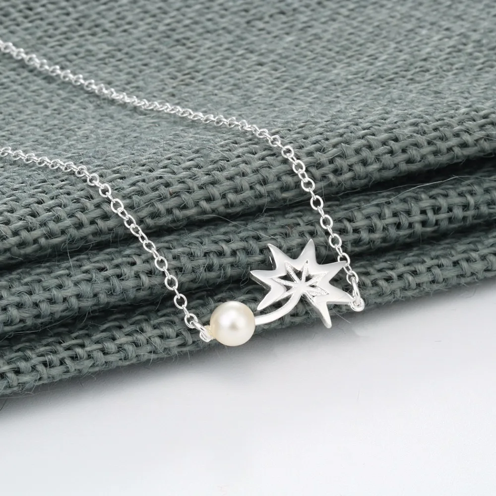 Kinitial 925 Silver Leaf Imitation Pearl Necklaces Pendants Leaves Star Necklace Statement for Women Chain Jewelry | Украшения и