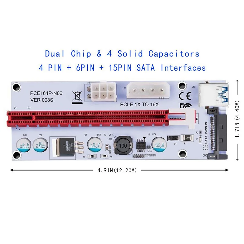 Горячая продажа 6 шт. 008S 3 в 1 PCIe PCI E Express Riser Card 1x к 16x USB 0 кабель для передачи данных