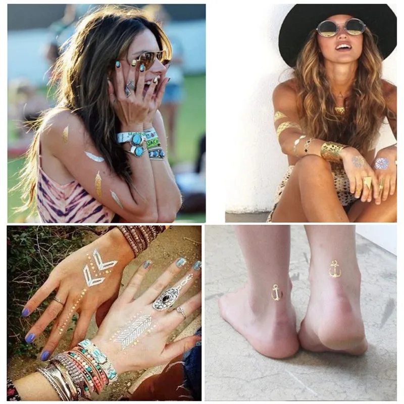 Временные золотистые и Серебристые татуировки наклейки в индийском стиле для