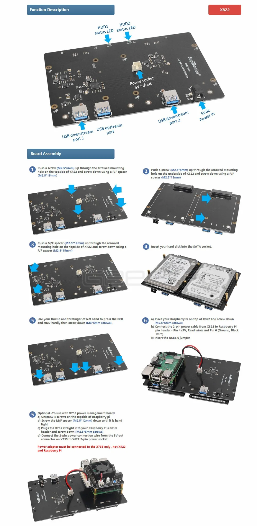 Geeekipi X822 двойной 2," жесткого диска SATA HDD/SSD экранированный USB 3,0 Плата расширения Мощность адаптер для Raspberry Pi 1 Модель B+/2/Note 3(B плюс