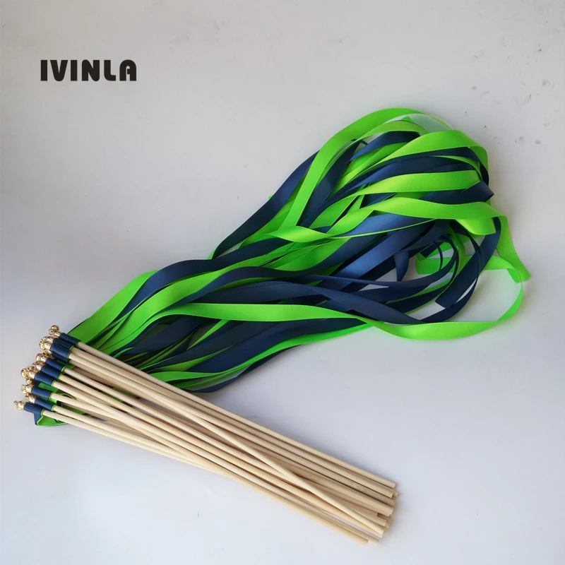 

Hot Selling 50pcs/lot Green and Royal wedding ribbon wands with gold bell for wedding decoration