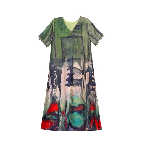 

New 2019 Summer Femme Korean Plus Size Print Dresses A-line V Neck Chic Chiffon Dress Plus Size Loose Brief Dresses