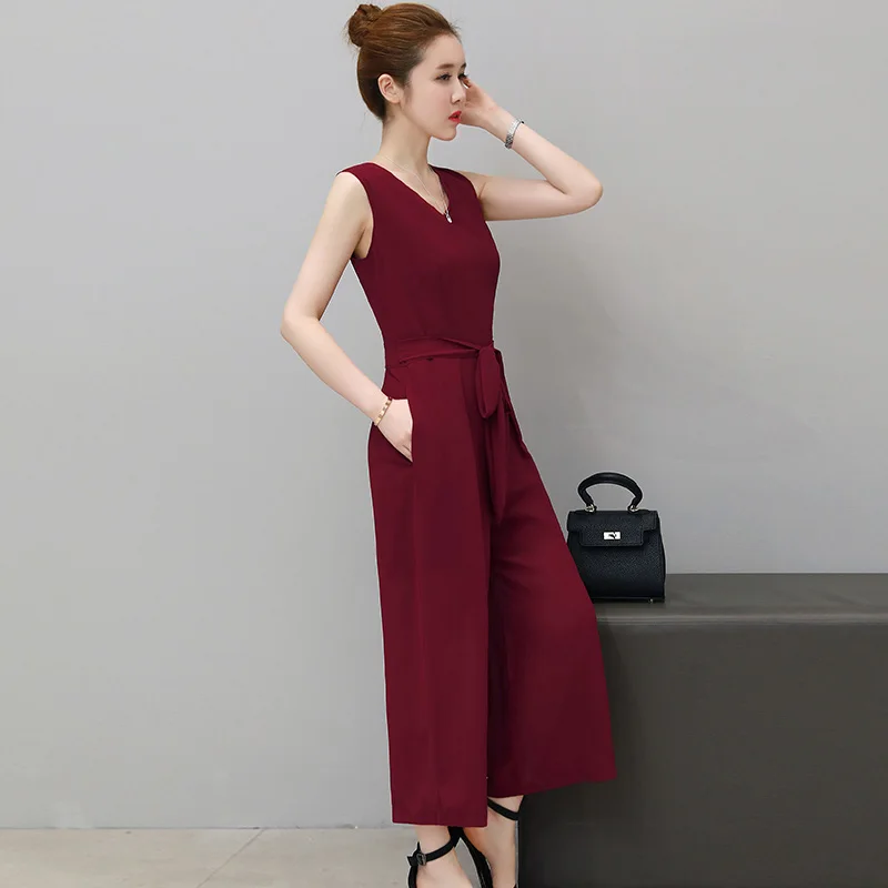 Высокое качество Лето Новая мода дамы комбинезон шифон без рукавов комбинезоны