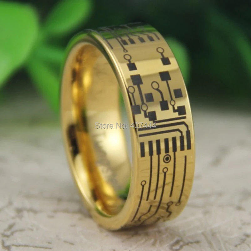 

Free Shipping USA UK Canada Russia Brazil Hot Sales 8MM CIRCUIT BOARD His/Her Gold Color Pipe New Fashion Tungsten Wedding Ring