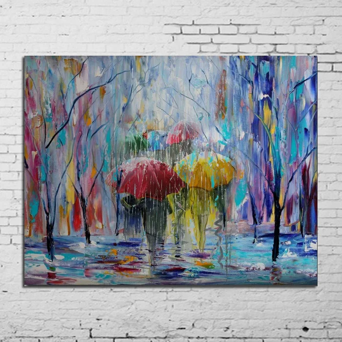 

Art Handpainted Painting Landscape Painting on Canvas Fine Home Decor of Umbrellas Painting Rain Cityscape Oil Painting No Frame