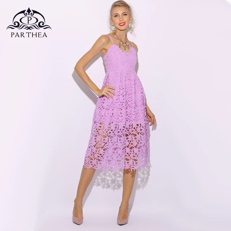 Женское офисное кружевное платье Parthea фиолетовое летнее миди Вечерние Платья с