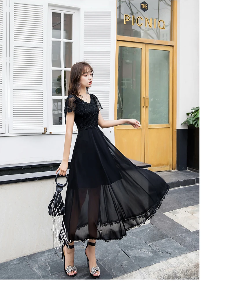 Длинное шифоновое платье с вышивкой V-образным вырезом | Женская одежда