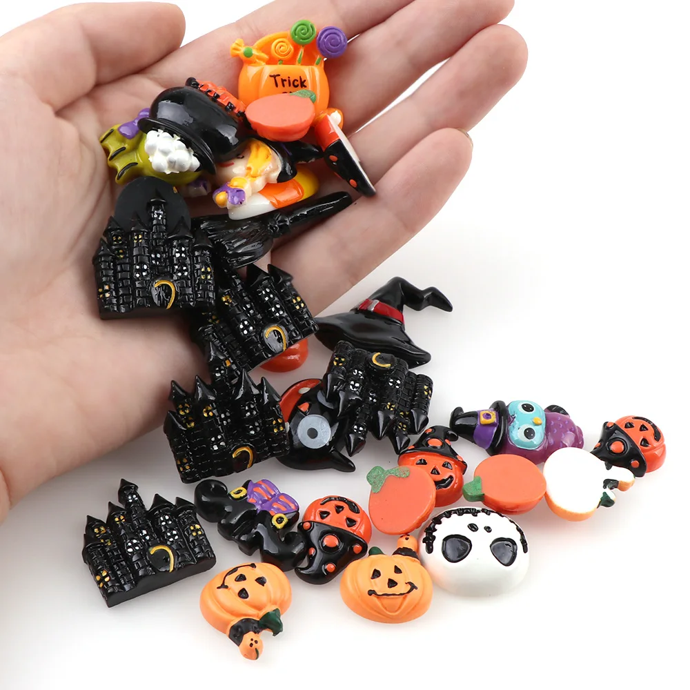 

10Pcs 27style Halloween Broom Horse Pumpkin Cloud WitchResin Flatback Cabochon Kawaii DIY Resin Craft Decoration Miniature Resin