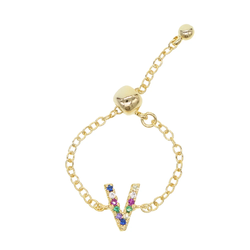 26 Initial Alphabet Charm chain adjust ring Gold color rainbow cz paved letter personalized finger ring fashion
