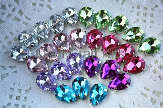 

200pcs 10x14mm sew on rhinestone silver setting teardrop flat back facet bead jewellery making handcraft sewing hole acrylic