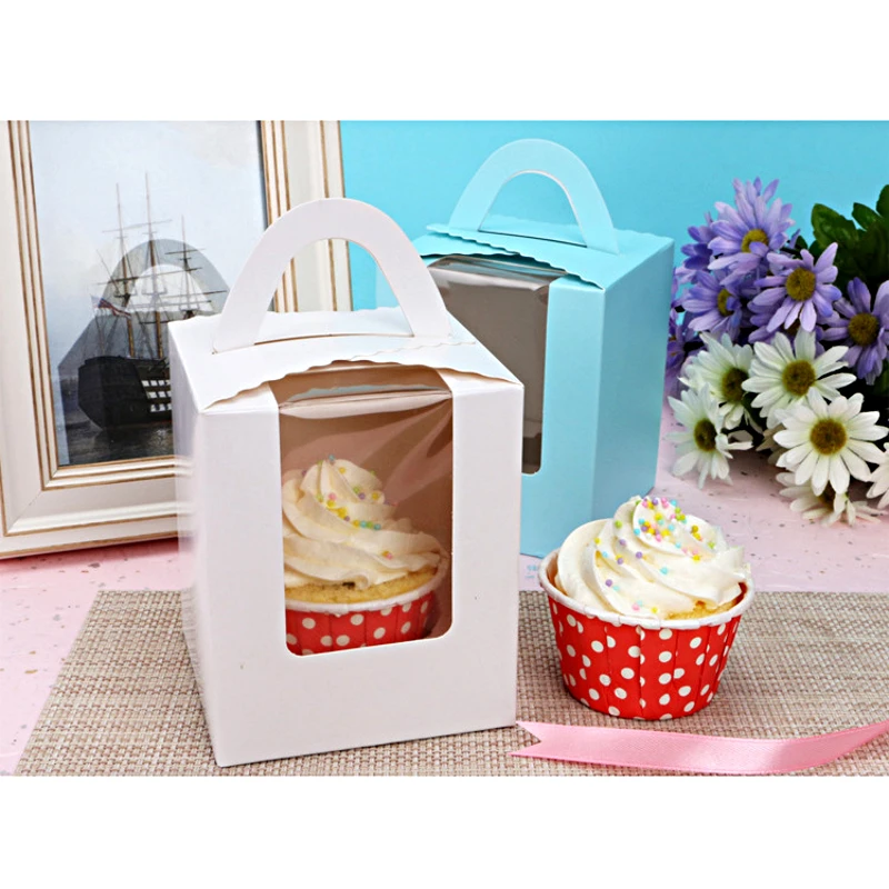 

12pcs Cupcake Muffin Fairy Cookie Boxes Single with Window Holder Handle Easy Assembly Bottom Pudding Case