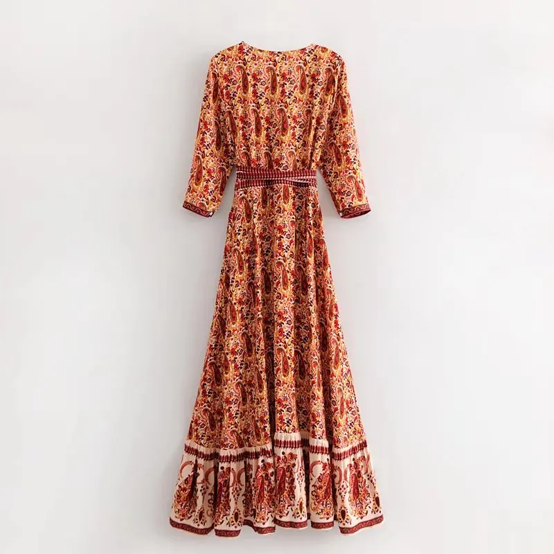 Женское длинное платье в стиле ретро богемное Пляжное Платье макси с глубоким v