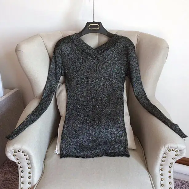 Женская Блестящая футболка с двойным v образным вырезом свитер длинным рукавом