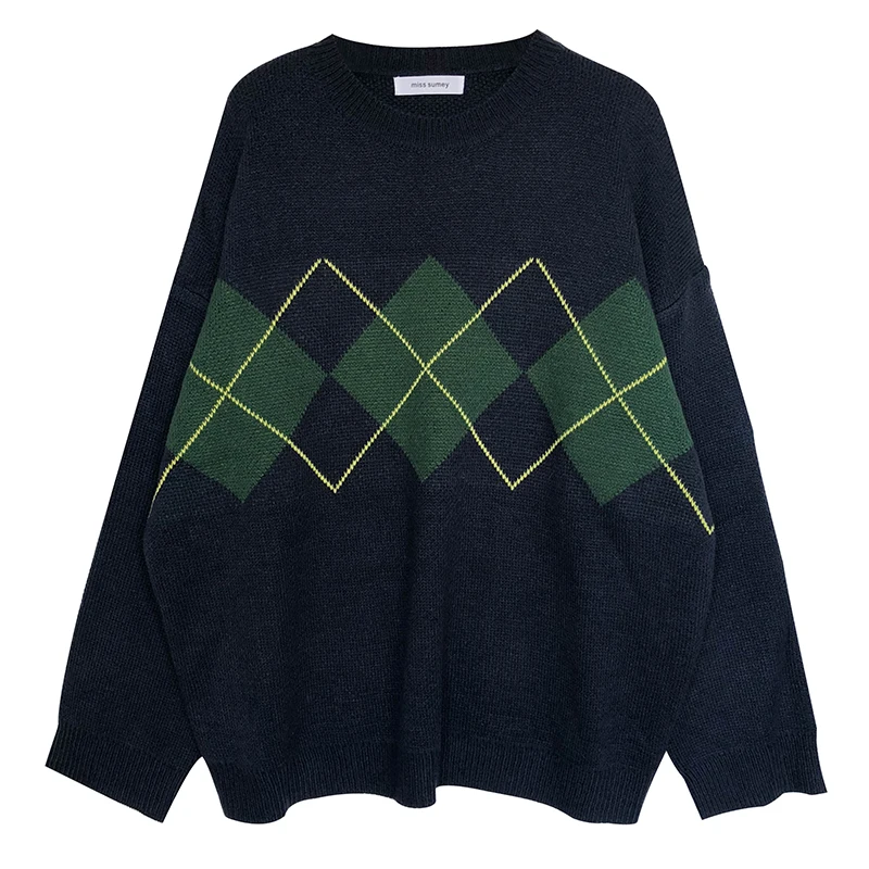 3 colors 2018 autumn and winter korean style o neck loose Argyle knitted warm sweaters womens pullovers (X998) | Женская одежда