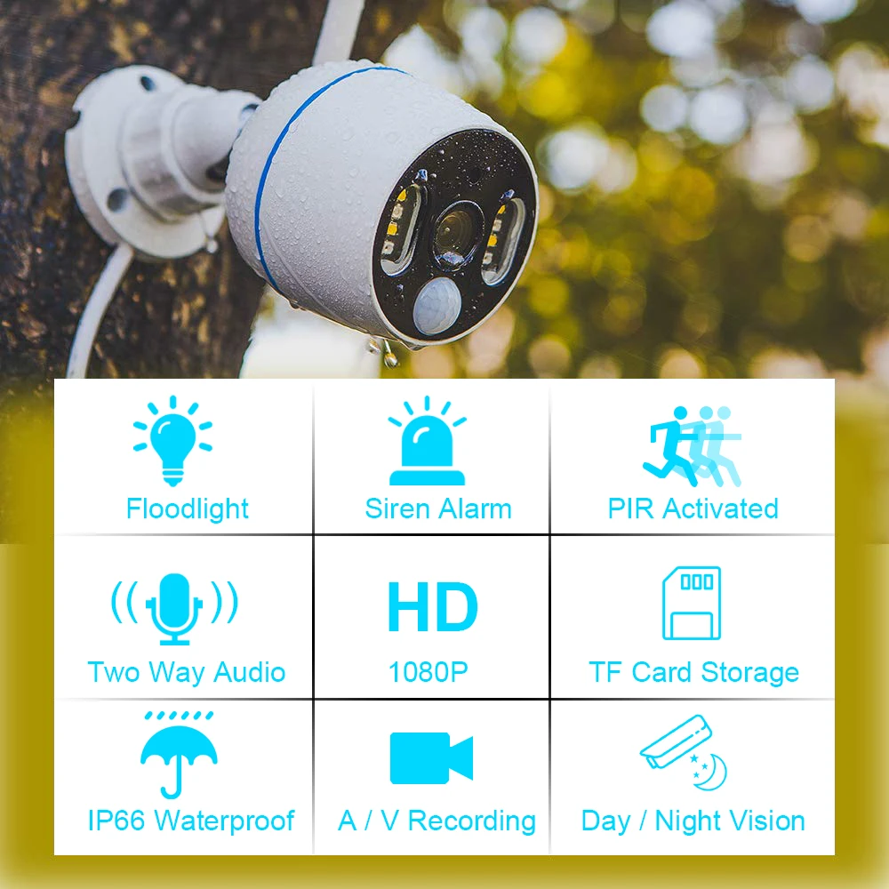 1080P ip wifi camera Floodlight Siren Alarm White Led home security wireless PIR detection outdoor cctv cam | Безопасность и