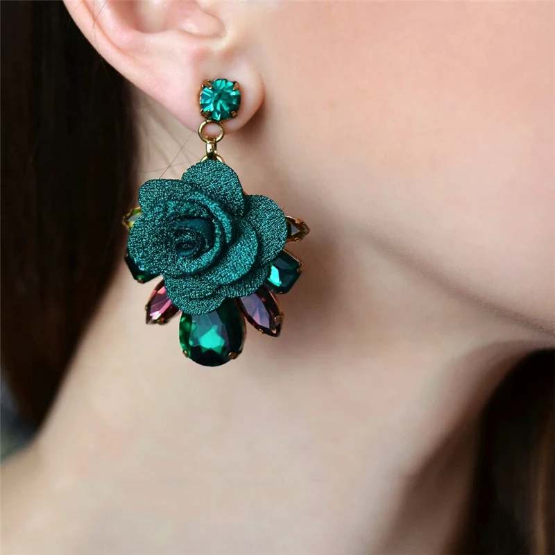 Зеленый цветок Длинные висячие серьги Мода кристалл смолы камень падение для Для